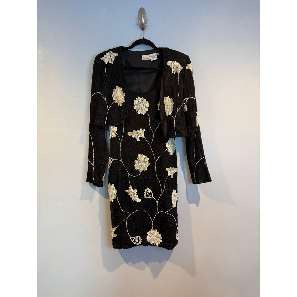Vintage Styleworks Silk Beaded Dress & Jacket Set 90s Black Floral Formal 8